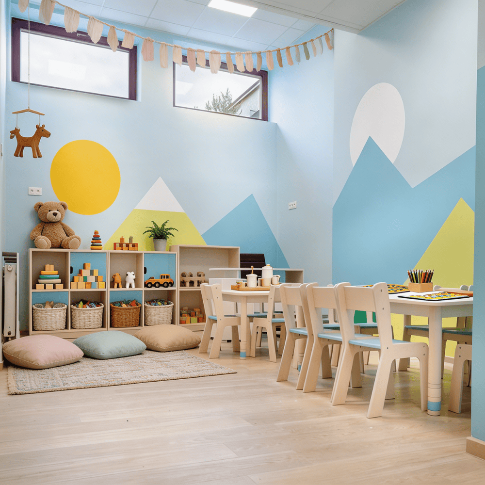 Kącik zabaw w przedszkolu z namiotem tipi, dużą kolorową mapą świata na ścianie, drewnianymi regałami z zabawkami i instrumentami muzycznymi na dywanie.