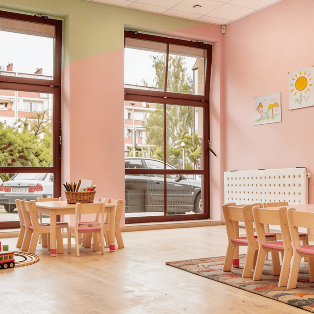 Jasna sala zabaw w przedszkolu z żółtymi szafkami, drewnianymi stolikami, kącikiem do czytania w kształcie domku i licznymi pomocami dydaktycznymi.