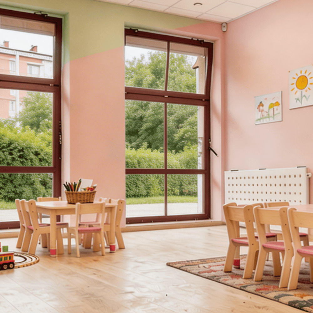 Jasna sala przedszkolna z dużymi oknami, przez które widać zielony ogród, drewnianymi stolikami i krzesełkami oraz dywanem edukacyjnym